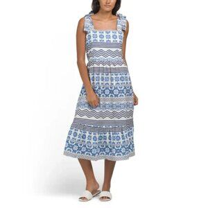 NWOT - BELLAMBRA White/Blue Made In Italy Cotton Tile Print Tie Strap Midi Dress